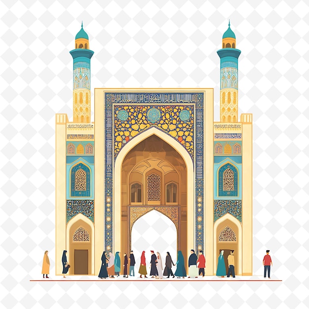 PSD a drawing of a mosque with people standing in front of it