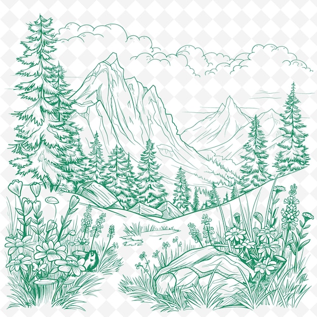 a drawing of a mountain landscape with trees and mountains