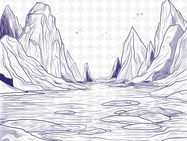 PSD a drawing of a mountain with a river and mountains in the background