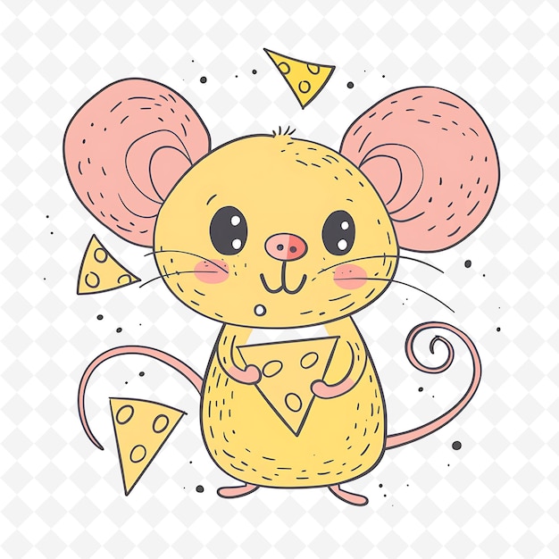 a drawing of a mouse with cheese and a slice of pizza on it