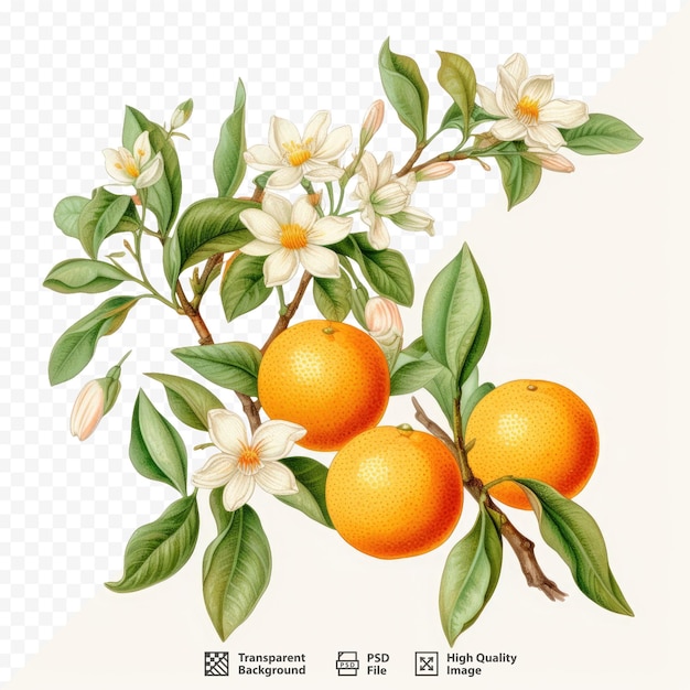 PSD a drawing of oranges and a branch with leaves and flowers.