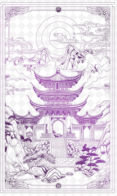 a drawing of a pagoda with a dragon on it