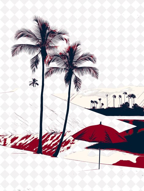 PSD a drawing of a palm tree and a building with a red umbrella