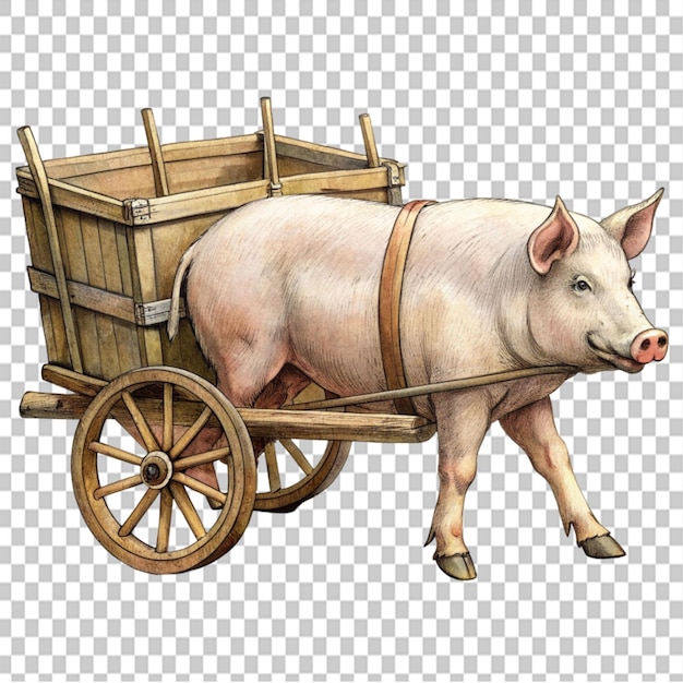 PSD drawing pig transport with horse cart on transparent background