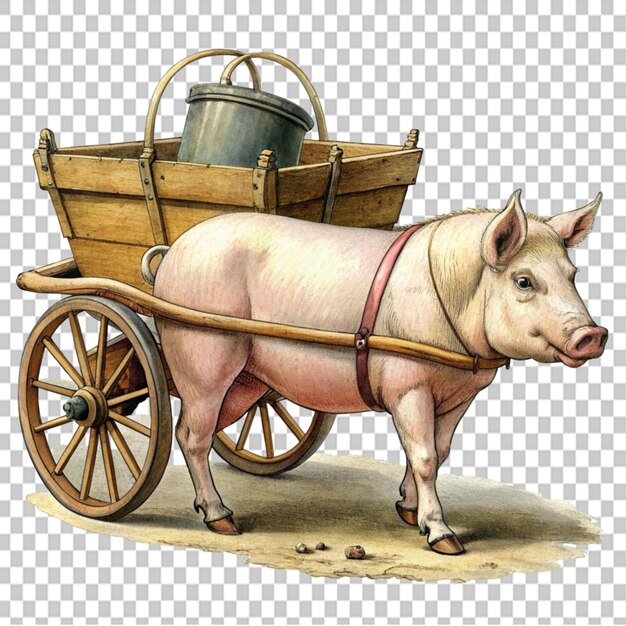 PSD drawing pig transport with horse cart on transparent background