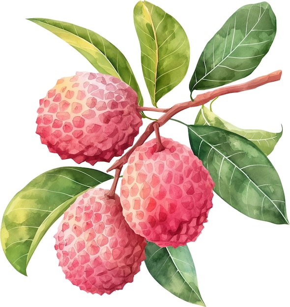 A drawing of a pink raspberry with green leaves