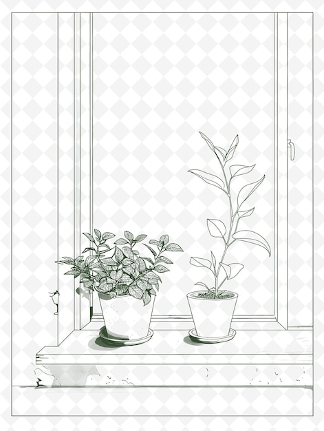 PSD a drawing of a plant and a potted plant on a window sill