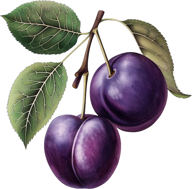 A drawing of purple plums with leaves