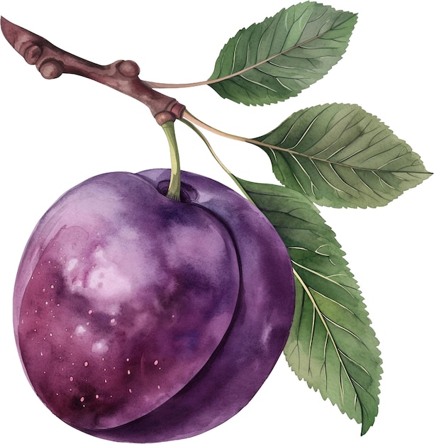 A drawing of purple plums with leaves