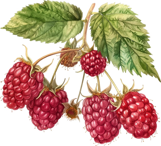 A drawing of raspberries with leaves