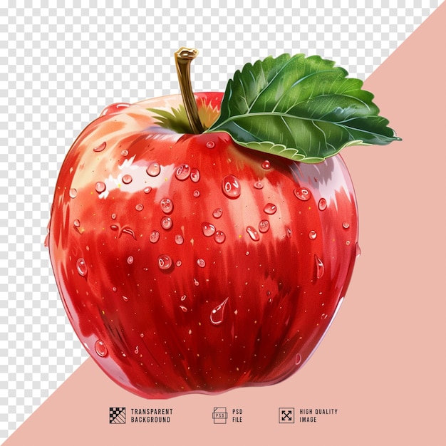 a drawing of a red apple with water drops