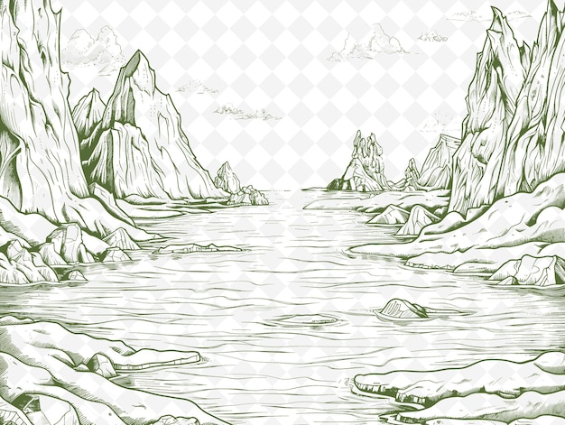 PSD a drawing of a river with a picture of a river and mountains