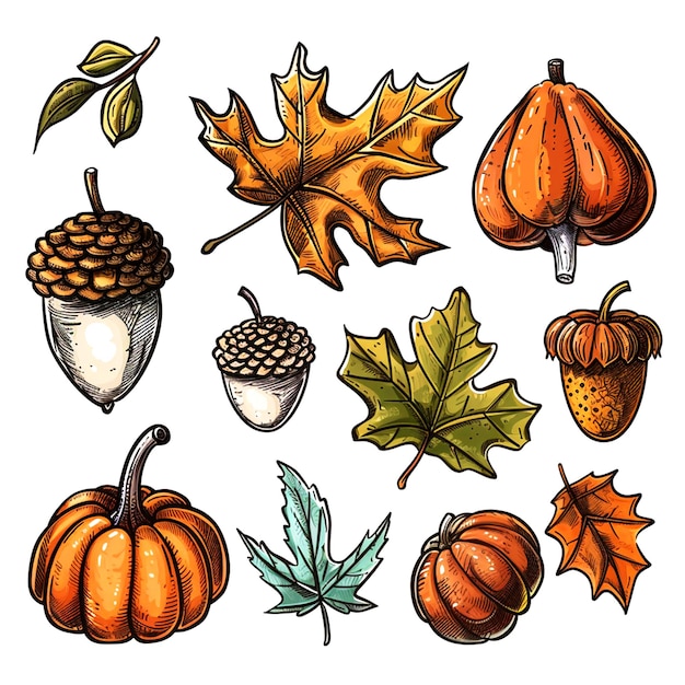 PSD a drawing sets of a pumpkin acorn and acorns