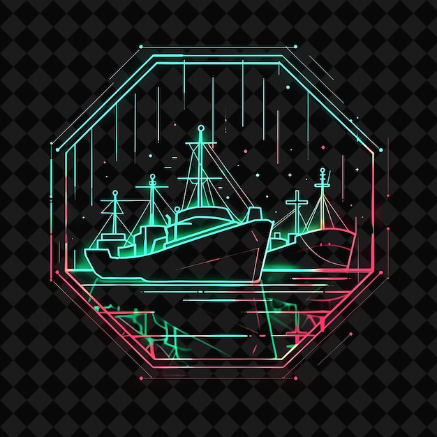 PSD a drawing of a ship with a green and red neon green background