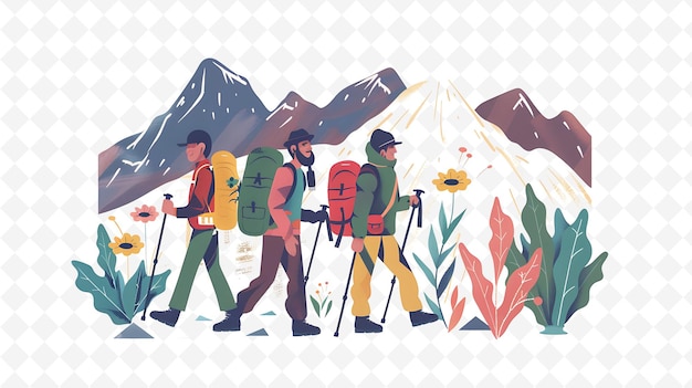 a drawing of three men walking in front of mountains