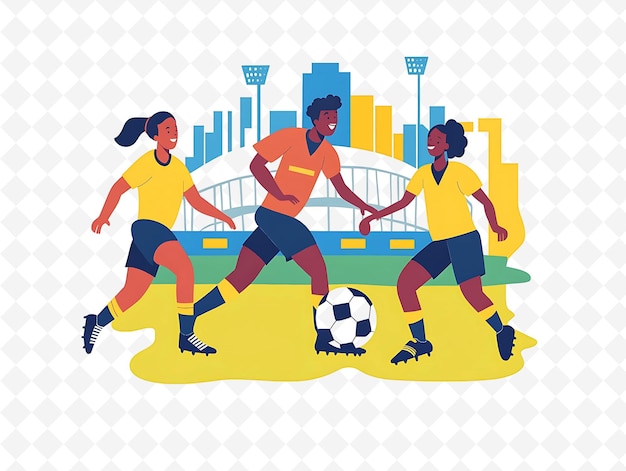 a drawing of three people playing soccer in front of a bridge