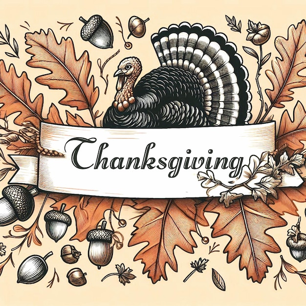 a drawing of a turkey with a banner that says thanksgiving