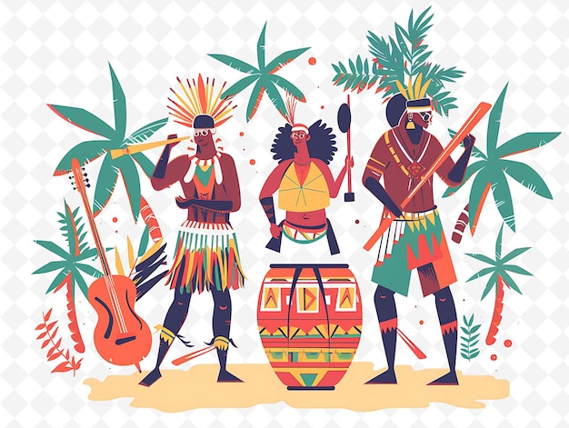 a drawing of two men with a drum and palm trees