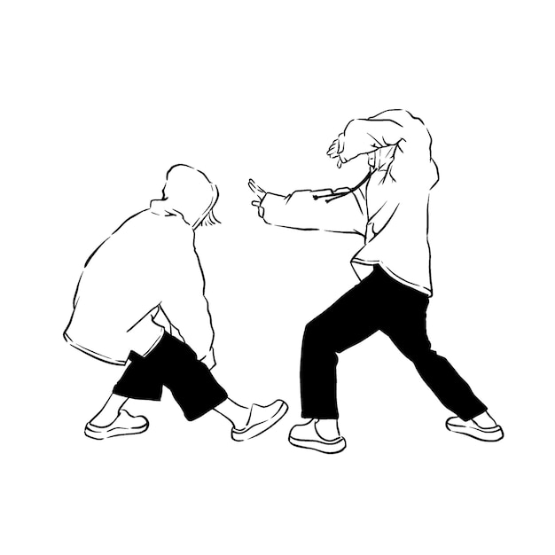 A drawing of two people fighting with one of them pointing at something.