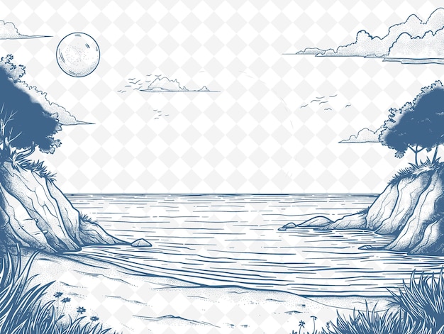 PSD a drawing of two statues on the beach with the moon in the background