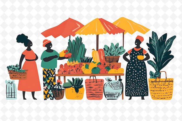 PSD a drawing of two women with a basket of vegetables and a umbrella