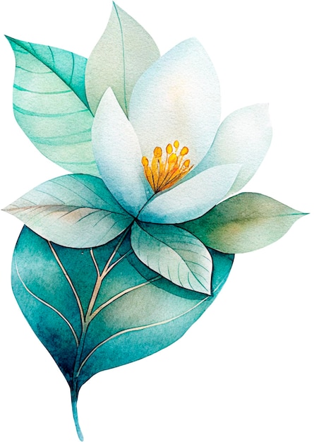 a drawing of a white magnolia with a green leaf