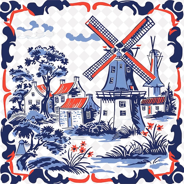 PSD a drawing of a windmill with a red roof and a blue sky with a white background