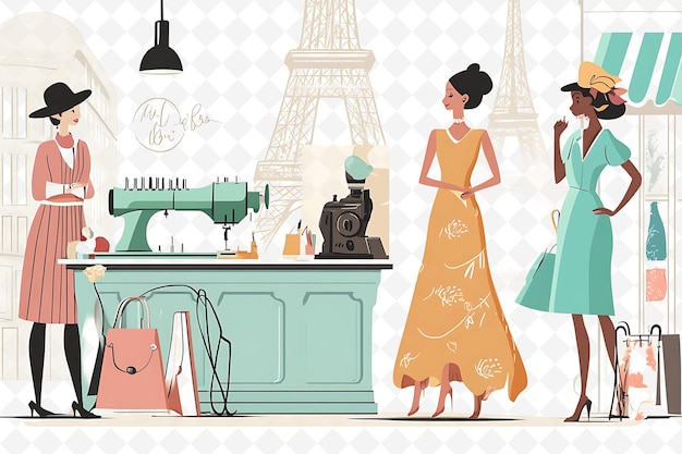 a drawing of a woman in a dress and a bag with the eiffel tower in the background