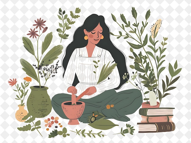 PSD a drawing of a woman reading a book with a picture of flowers and plants