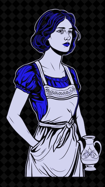 PSD a drawing of a woman with a blue hair and a white apron