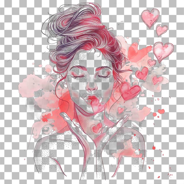 a drawing of a woman with pink and pink hearts on a checkered background