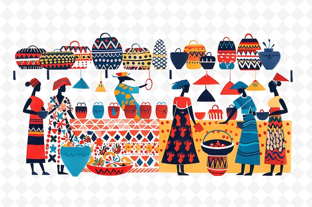 a drawing of women selling goods and hats