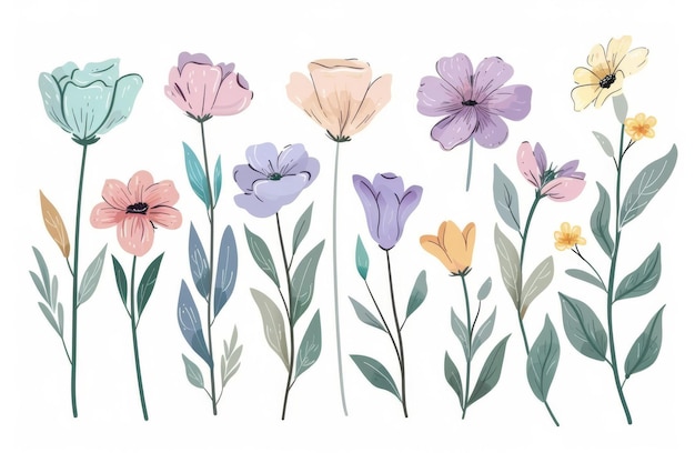 PSD drawings of flowers in pastel tones transparent background