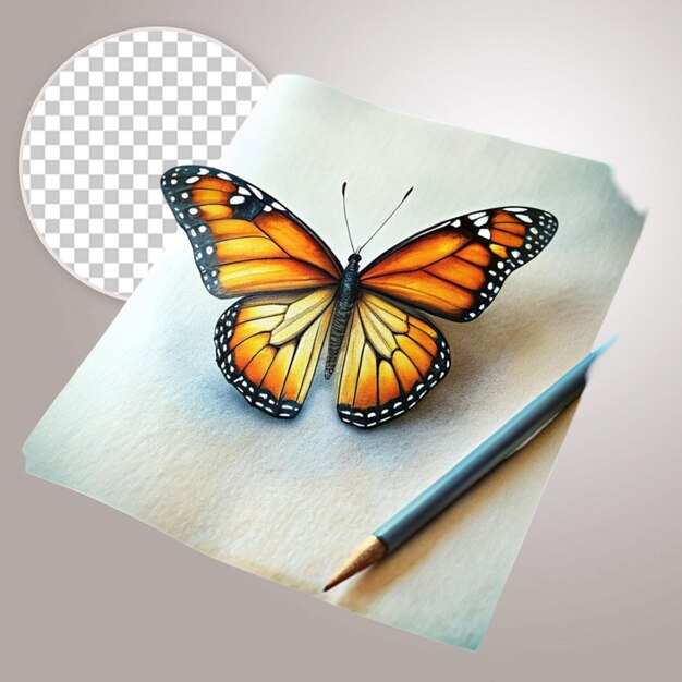 PSD drawn flower on spiral bound notepad and butterfly on transparent background