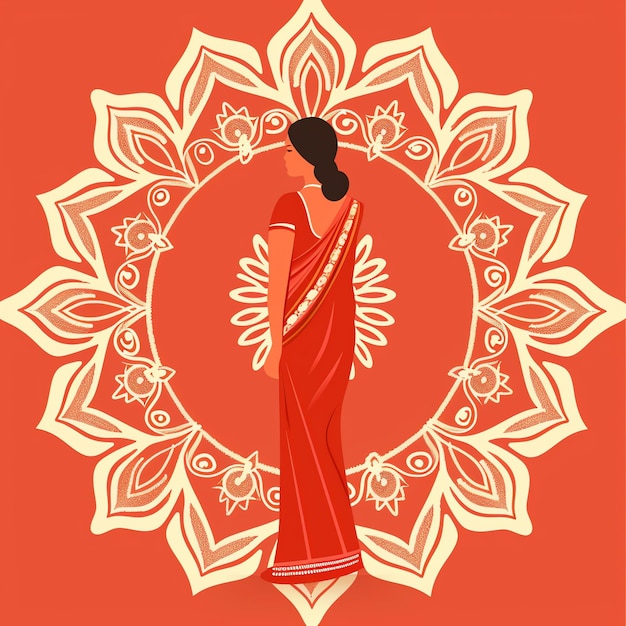 PSD dressed in traditional indian saree with white rangoli pattern solid peach background indian illustr