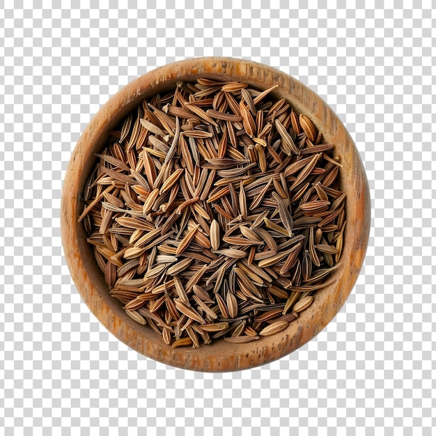 PSD dried cumin seeds in a wooden bowl on a transparent background