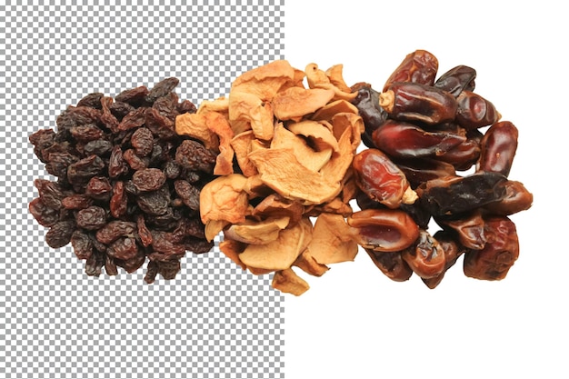 Dried fruits in assortment. Dried raisins, apples, dates. PSD transparent layer.