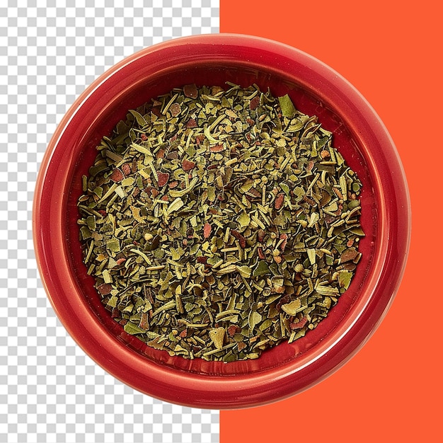 PSD dried oregano seasoning in a red bowl isolated on transparent background