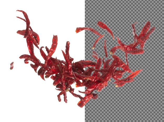 Dried Red hot Chilli fall down explosion dried Red Chilli float explode abstract cloud fly Dried Red hot Chillis splash throwing in Air White background Isolated high speed shutter freeze motion