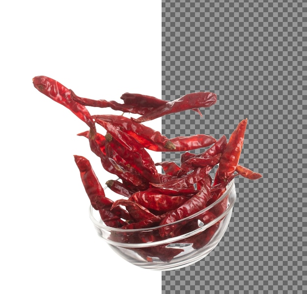 Dried Red hot Chilli fall down in Glass Bowl dried Red Chilli float explode abstract cloud fly Dried Red hot Chillis splash throwing in Air White background Isolated high speed shutter freeze