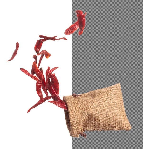 Dried Red hot Chilli fall down in Sack Bag dried Red Chilli float explode abstract cloud fly Dried Red hot Chillis splash throwing in Air White background Isolated high speed shutter freeze