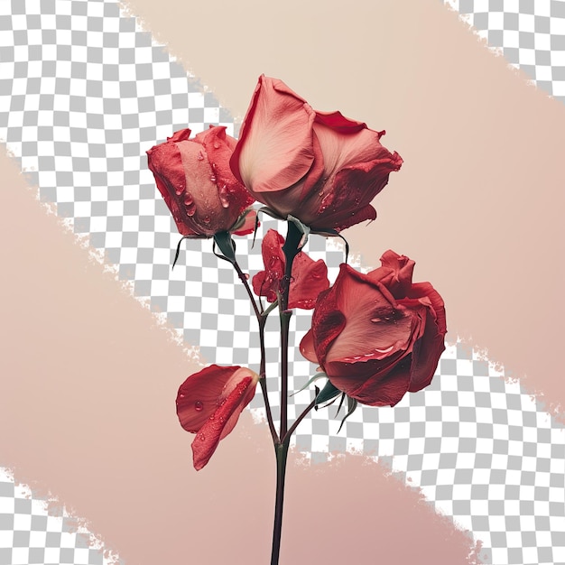 Dried red rose petals arranged against transparent background