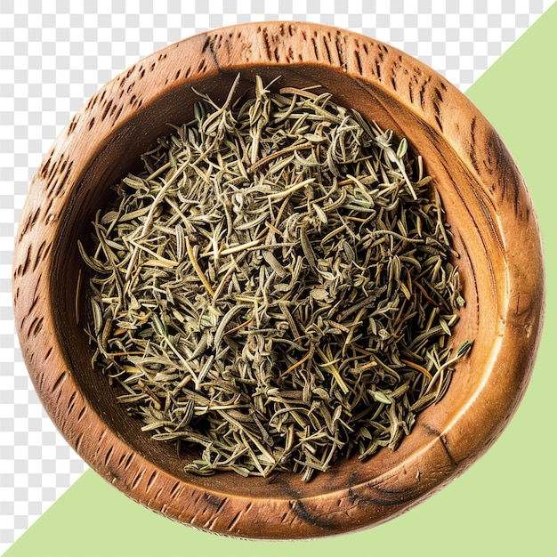 dried Thyme leaf top view wooden bowl transparent background isolated image generative AI