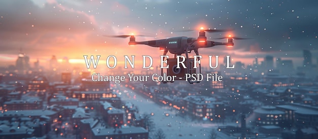 PSD drone flying over a snowy city at sunset