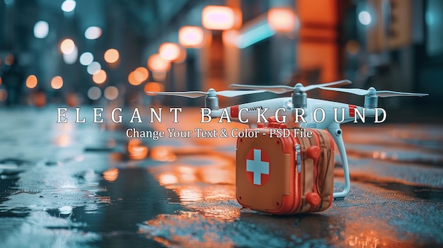 PSD drone quadcopter carrying first aid kit at urban city