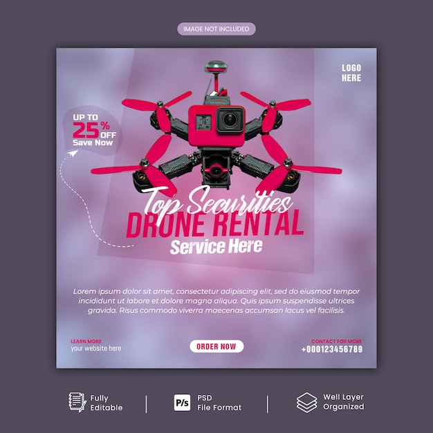 Drone rental service social media banner sale post aircraft technology product advertisement promo