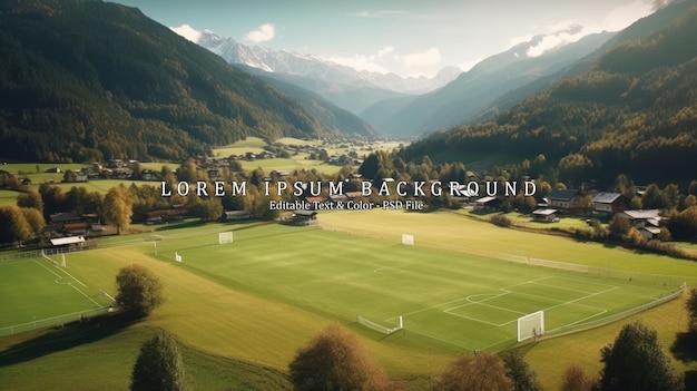 Drone view of a mountain landscape in Austria with a football field