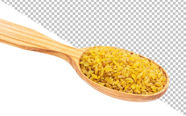 Dry bulgur wheat in wooden spoon isolated on white background