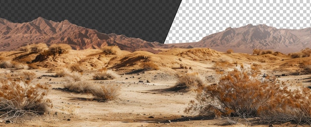 Dry desert landscape with mountains in the distance on a sunny day cut out stock png