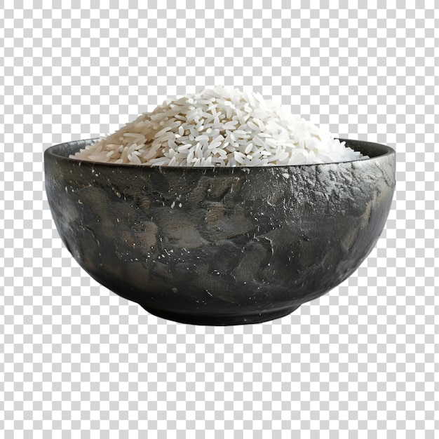 PSD dry raw rice in a wooden bowl isolated on a transparent background